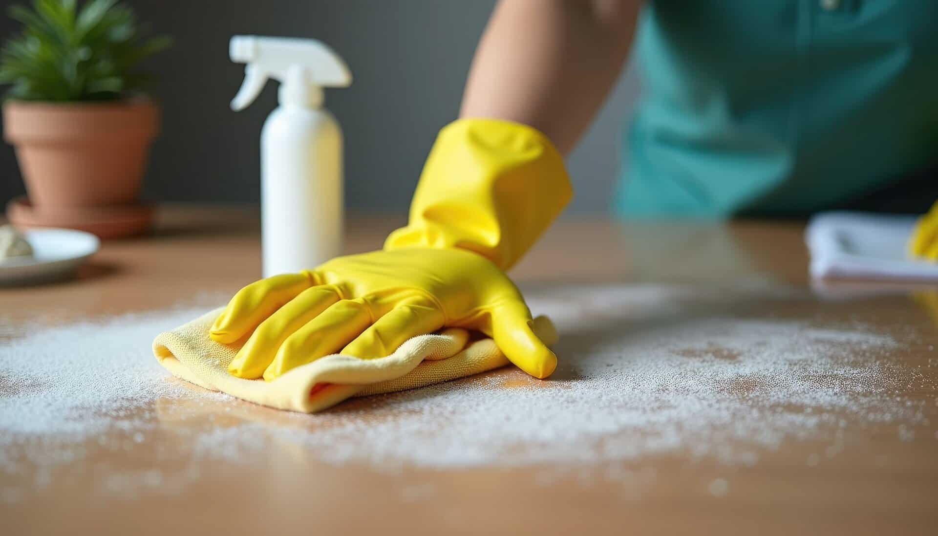 Reinigungskraft bei Hausreinigung mit Gummihandschuhen und Putzlappen, Sauberkeit und Pflege im Foku.